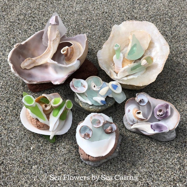 Sea flower art with natural sea glass sea cairns